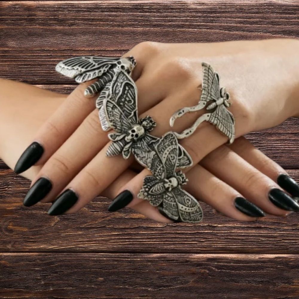 Antique Silver Moth Skull Gothic Rings Set NWT